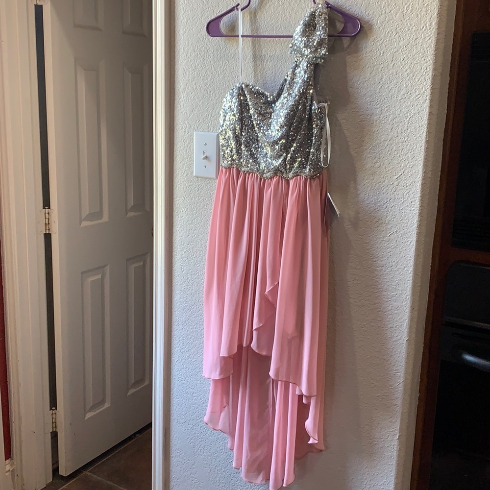 Brand New Jodi Kristopher Size 3 one shoulder cocktail formal dress. Pink